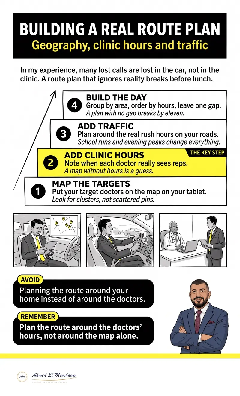Building a real route plan: Geography, clinic hours and traffic