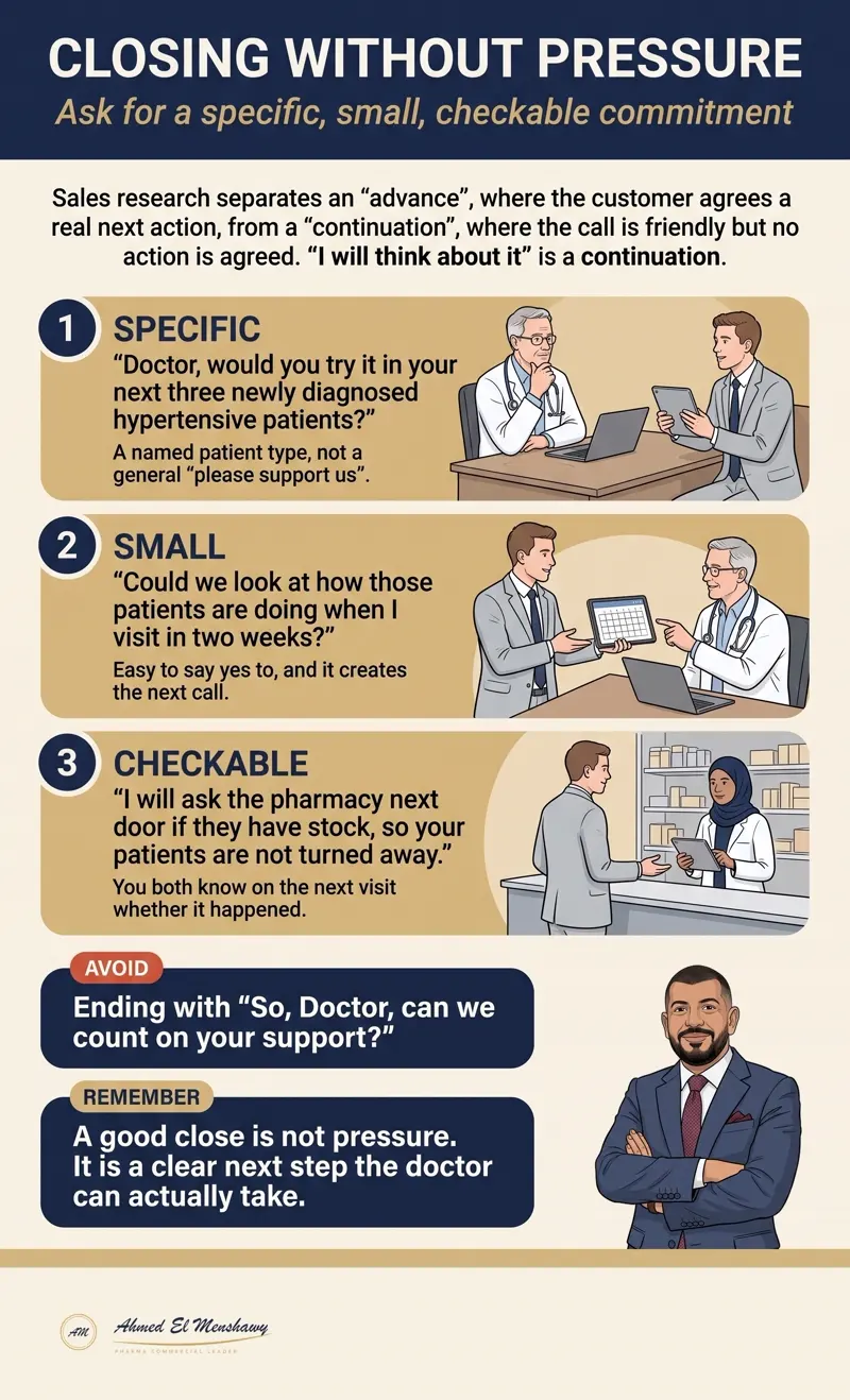 Closing without pressure: Ask for a specific, small, checkable commitment