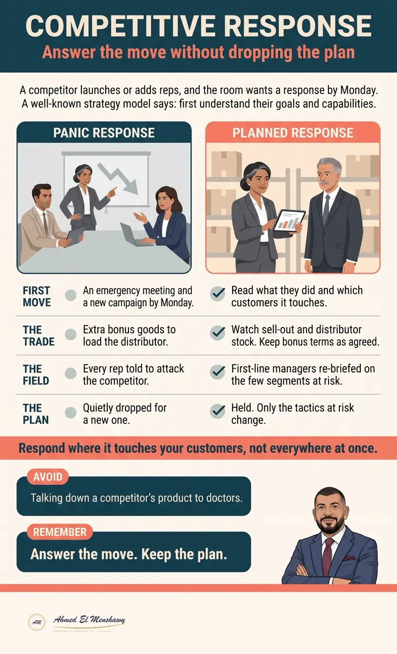 Competitive response: Answer the move without dropping the plan