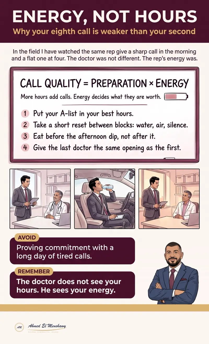 Energy, not hours: Why your eighth call is weaker than your second