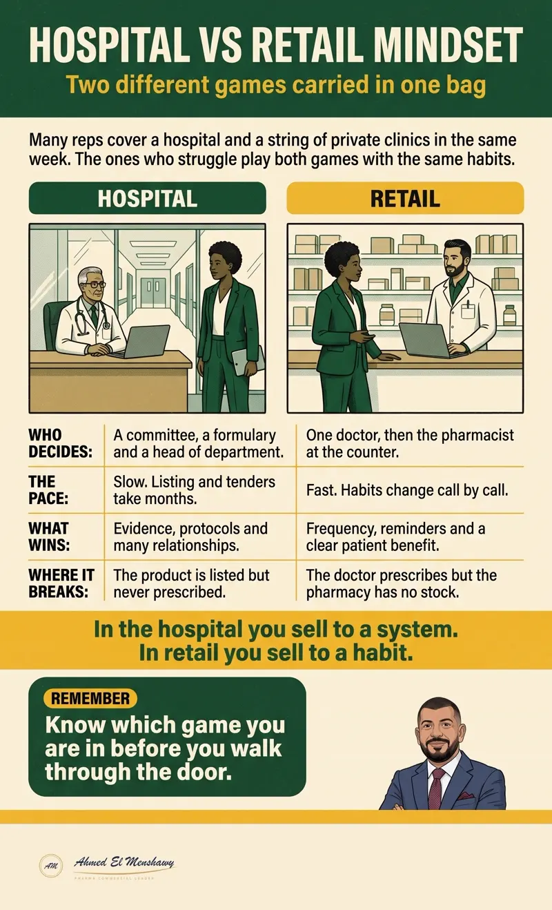 Hospital vs retail mindset: Two different games carried in one bag
