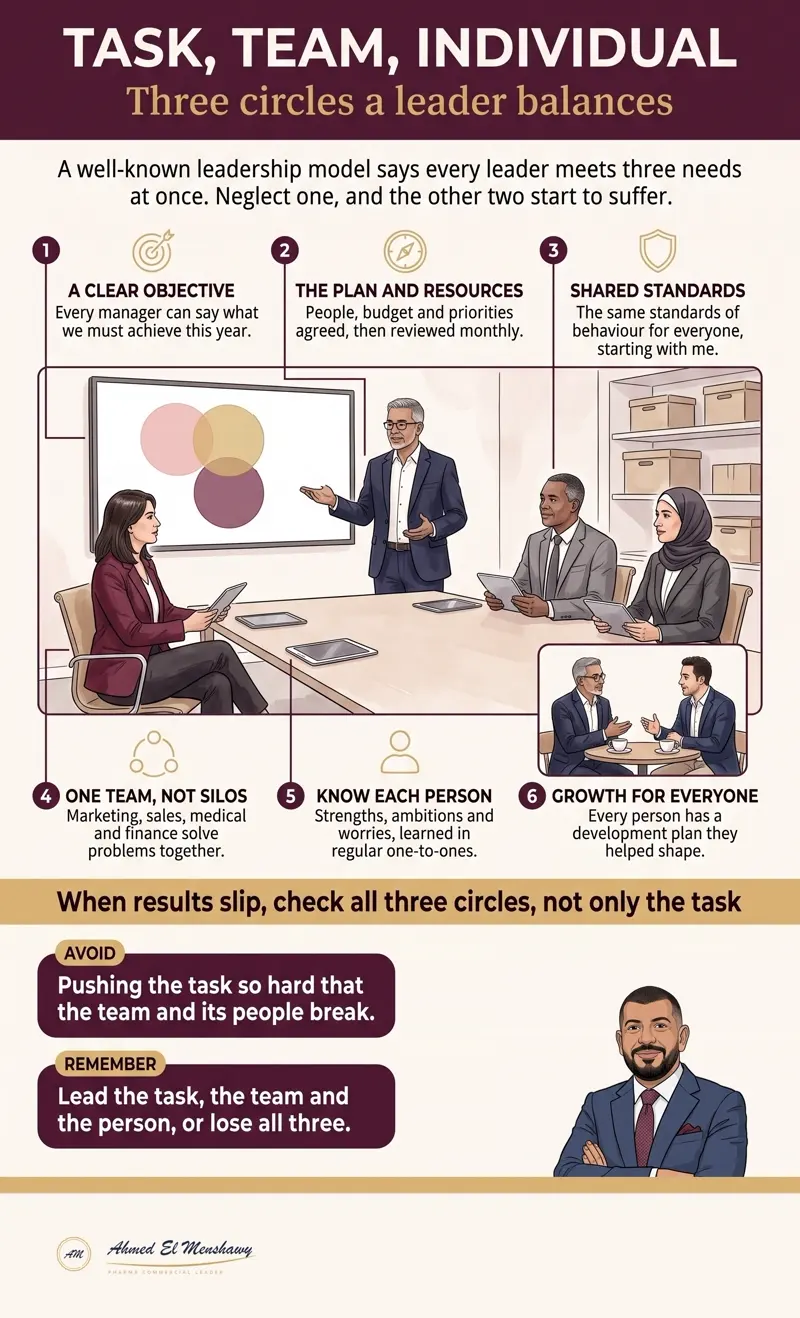 Task, team, individual: Three circles a leader balances