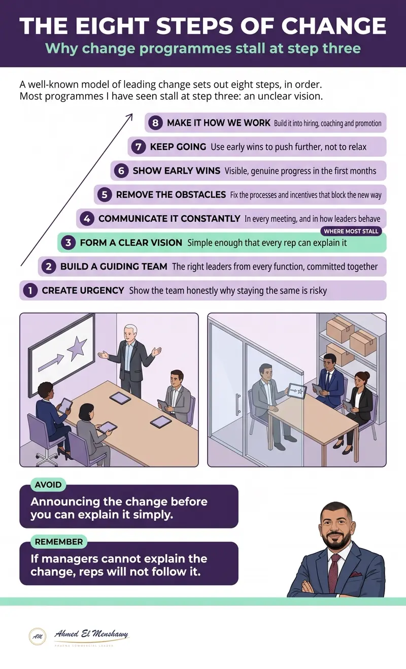 The eight steps of change: Why change programmes stall at step three