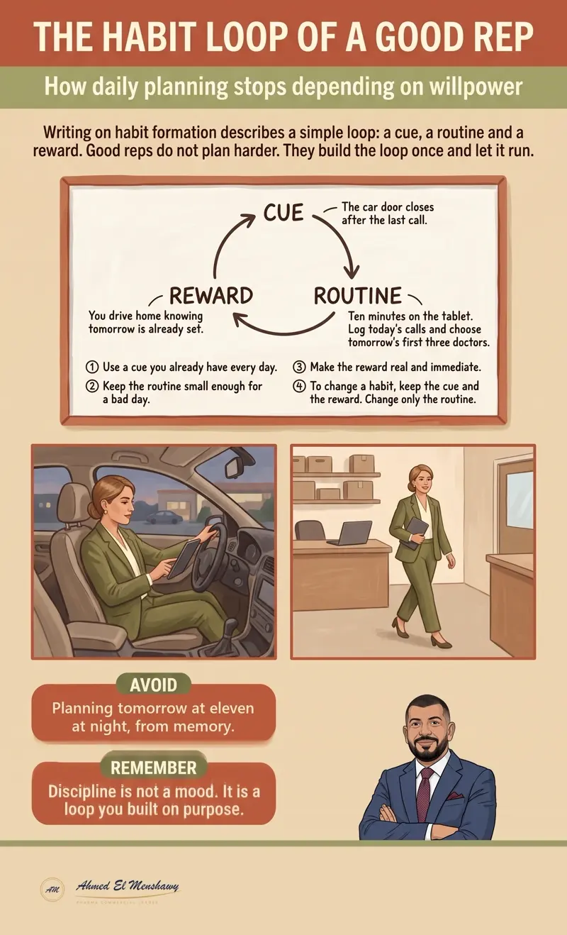 The habit loop of a good rep: How daily planning stops depending on willpower