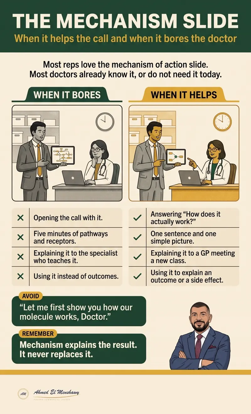 The mechanism slide: When it helps the call and when it bores the doctor
