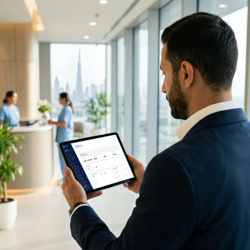 A medical rep in a Dubai clinic checking the RepPharma dashboard on a tablet